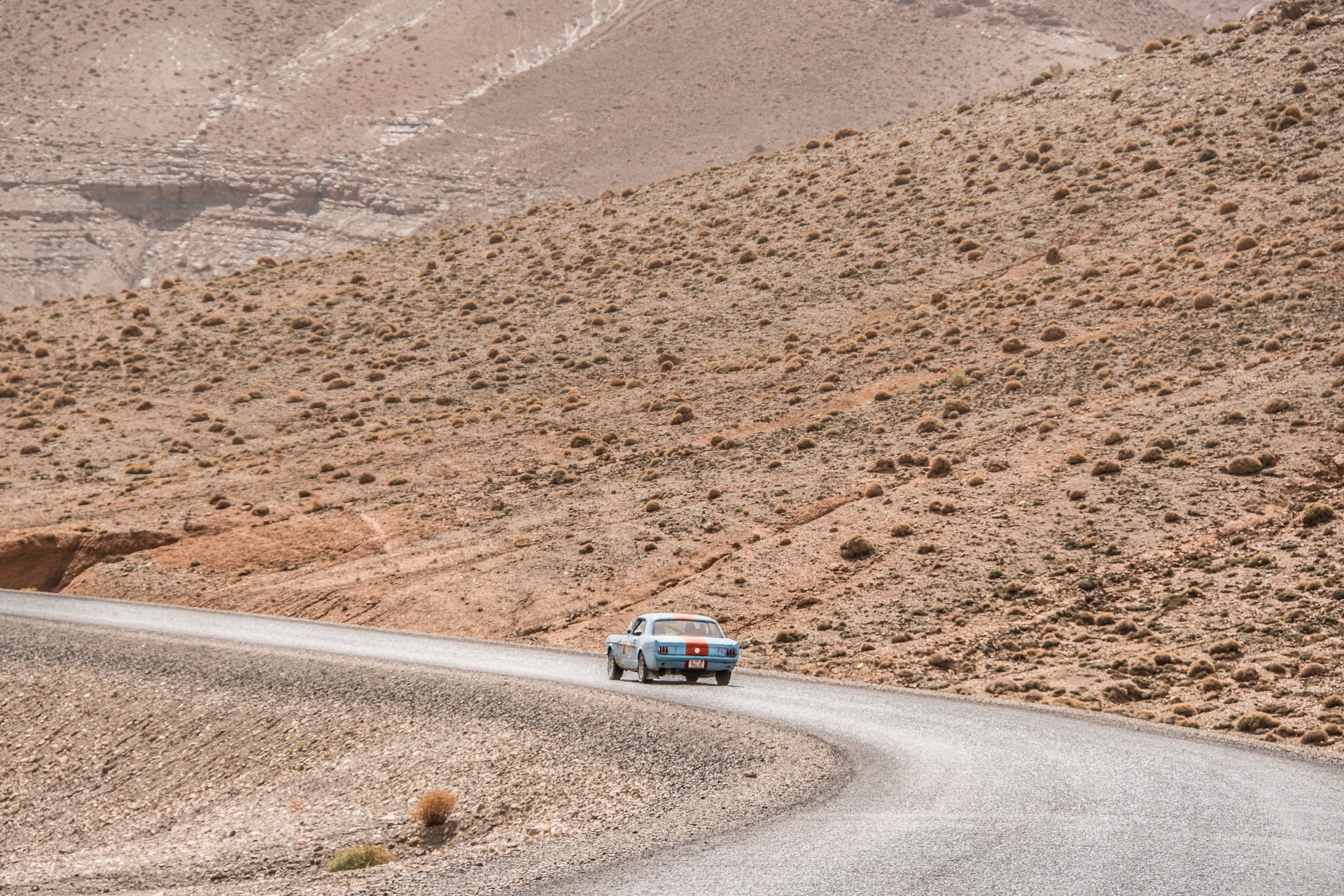 SAHARA CHALLENGE 2024 – Fabrizio Bove (CH) e Giorgio Bove (CH) sulla Ford Mustang 4700 cc del 1966, in gara con il numero 19.  Premio speciale “Against All Odds”. Medio Atlante, Marocco.