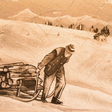 Il nonno Jean Baptiste e il villaggio di Joux dipinto nella stanza trabial del B&B L'Abreny, Creste